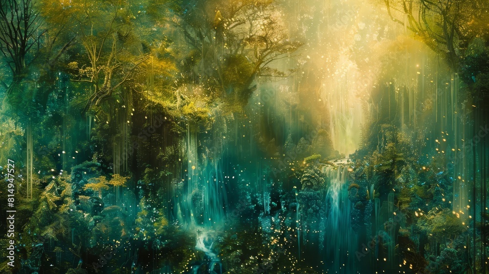 Fantastical forest with cascading waterfalls and towering trees backdrop