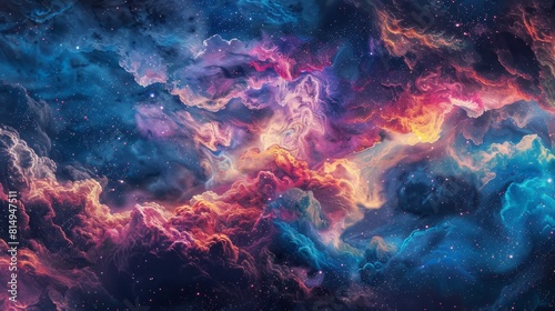 Swirling galaxies and cosmic dust clouds merge in a vibrant celestial dance backdrop