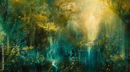 Fantastical forest with cascading waterfalls and towering trees backdrop