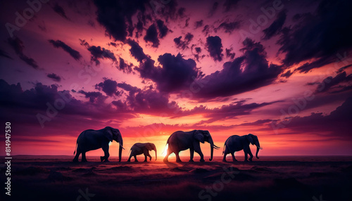 Elephants walking in a line, silhouetted against a dramatic sunset sky