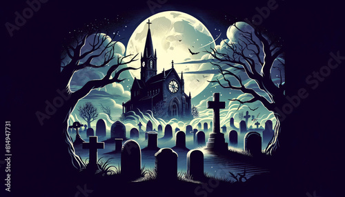 Halloween-themed, a haunted graveyard scene under a moonlit sky, an old, eerie church with a tall spire