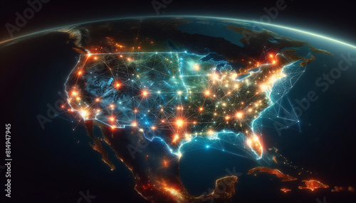The United States map, depicted as a glowing network on a dark background, with bright lines