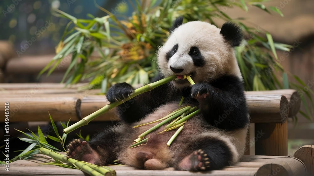 Obraz premium Cute panda is eating bamboo