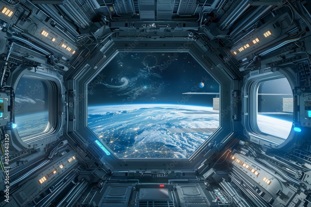 Hovering in a space station orbiting Earth, a digital frame mockup cycles through images of the planet below, blending art with astronomy in a zerogravity environment Hovering in a space station orbiting Earth, a digital frame mockup cycles through images of the planet below, blending art with astronomy in a zerogravity environment
