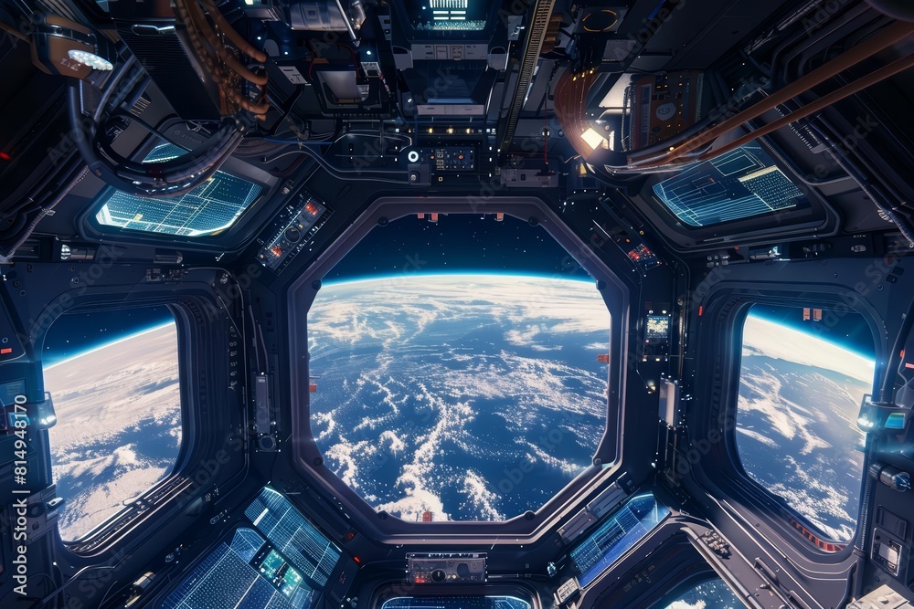 Hovering in a space station orbiting Earth, a digital frame mockup cycles through images of the planet below, blending art with astronomy in a zerogravity environment Hovering in a space station orbiting Earth, a digital frame mockup cycles through images of the planet below, blending art with astronomy in a zerogravity environment