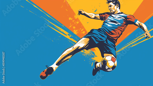 A dynamic and colorful illustration of a European football player in action. The player  wearing a red  white  and blue jersey  is depicted in mid-air as he prepares to kick the ball  surrounded by vi