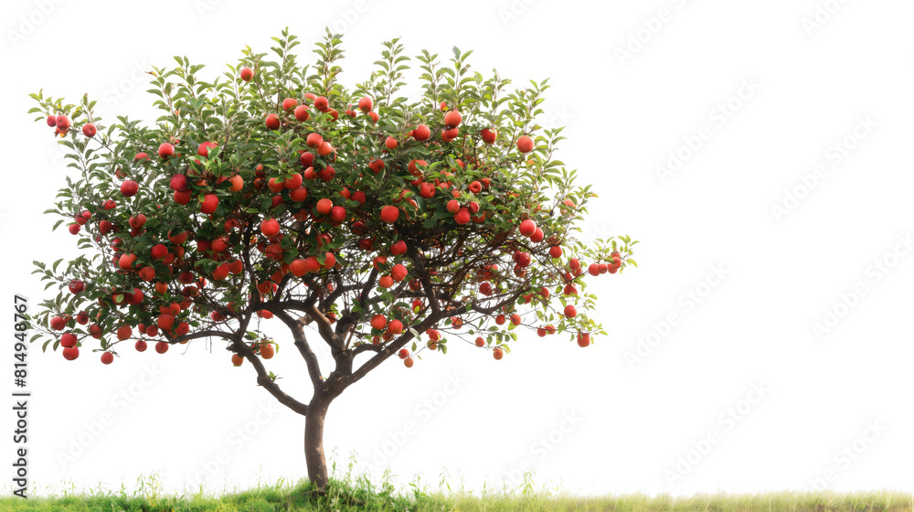 Apple tree plant branches with ripe red apple fruits hanging and green leaves, organic fresh food garden growing agriculture, isolated on transparent background