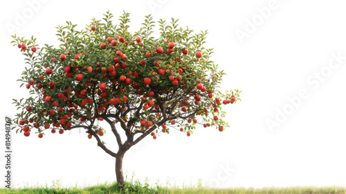 Apple tree plant branches with ripe red apple fruits hanging and green leaves, organic fresh food garden growing agriculture, isolated on transparent background