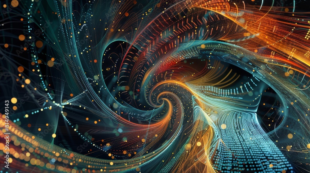 Data visualization with swirling binary code and geometric shapes ...