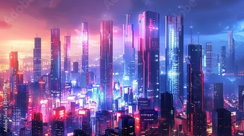 Sleek skyscrapers against a backdrop of pulsating neon lights backdrop