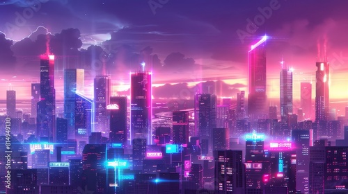 Futuristic city skyline with pulsating neon lights backdrop