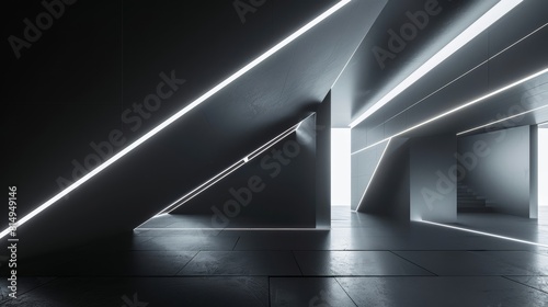 Intersecting planes of light and shadow in platinum and obsidian backdrop