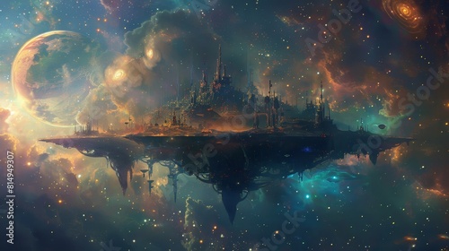 Floating islands amidst swirling galaxies in a surreal dreamscape backdrop © javier