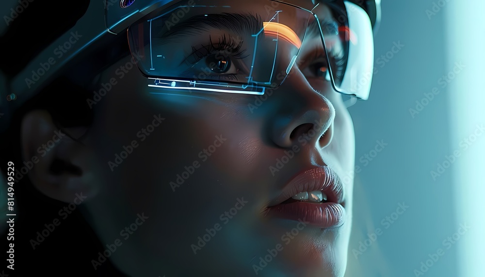 Enhance the beauty and mystery of this woman's gaze by adding a futuristic touch Enhance the beauty and mystery of this woman's gaze by adding a futuristic touch