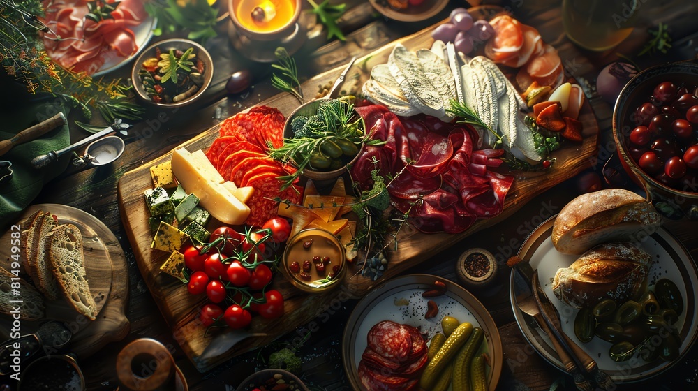 Fototapeta premium Elegant vegan charcuterie, rich textures, closeup, warm ambient lighting