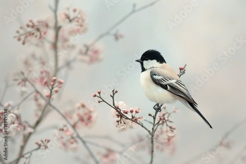 White-crested Tit (Parus albus) perched on a tree branch with pink flowers