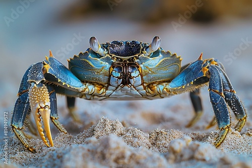 Blue crab on the sand in the wild,  Close-up