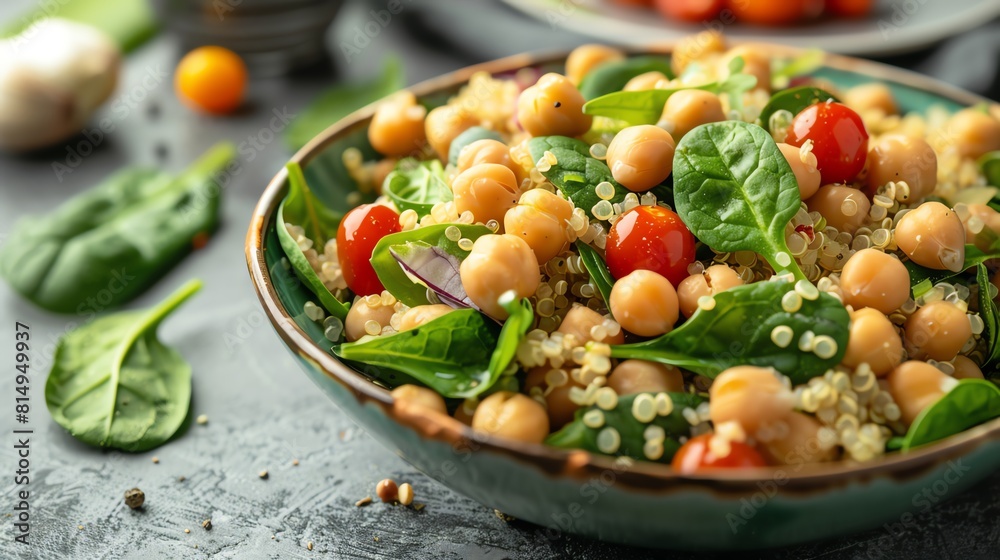 Healthy quinoa salad with chickpeas and spinach, bright daylight, closeup shot