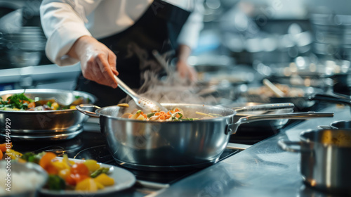 A professional chef expertly stirs a steaming pan of colorful vegetables in a busy commercial kitchen.