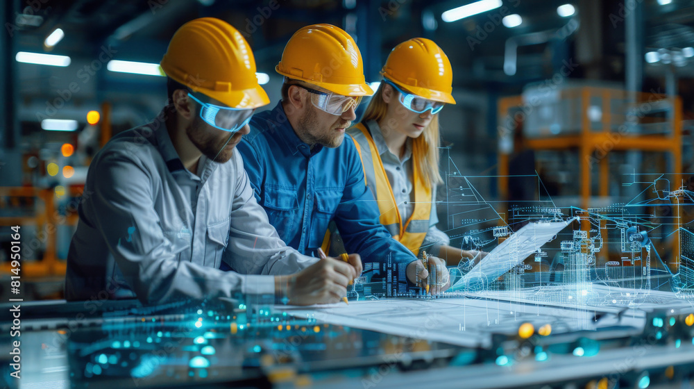 Three workers with hard hats examining blueprints on a worktable in an industrial manufacturing plant, with a holographic overlay of technical drawings. Three workers with hard hats examining blueprints on a worktable in an industrial manufacturing plant, with a holographic overlay of technical drawings.
