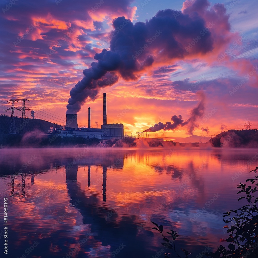 Amidst a colorful sunset, an industrial power plant emits smoke, raising questions about the balance between energy needs and environmental preservation 8K , high-resolution, ultra HD,up32K HD