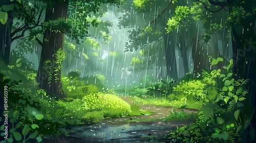 Lush and Verdant Tropical Forest with Winding Stream and Misty Rainy Atmosphere