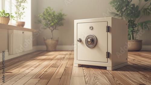 A closed metal safe with a combination lock sits on a wooden floor in a well-lit room with potted plants, suggesting home security and privacy. photo