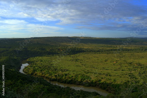 Landscape of a green Bush Steppe with a river in South Africa