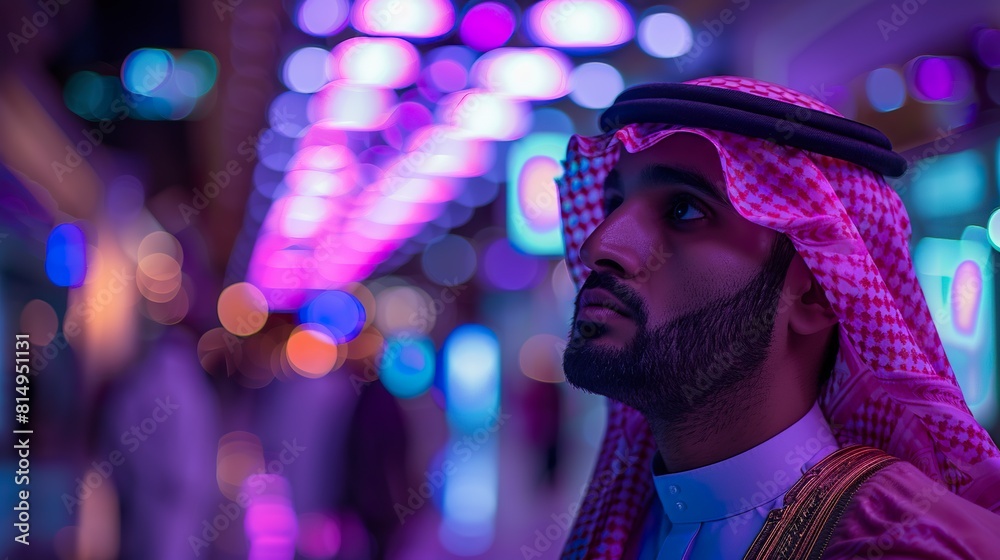 A young man of Arab appearance in a futuristic city bathed in purple tones in a technological atmosphere. Beautiful man under neon lights and holograms of a futuristic city A young man of Arab appearance in a futuristic city bathed in purple tones in a technological atmosphere. Beautiful man under neon lights and holograms of a futuristic city