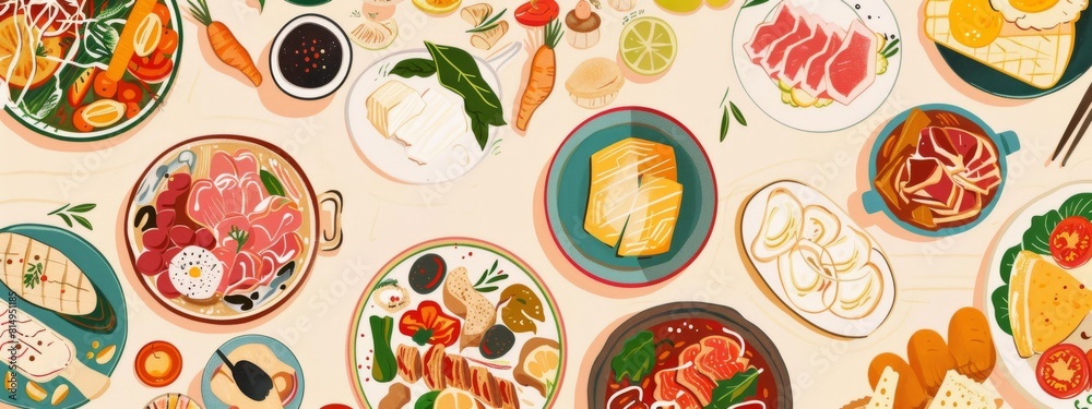 A table with a variety of food and drinks, including a bottle of wine A table with a variety of food and drinks, including a bottle of wine