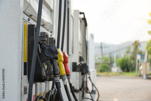 Gasohal,pretrol,diesel  station petrol car in line fuel up. concept business industry and transporation.relatively high price during war Russia and  Ukraine concept.