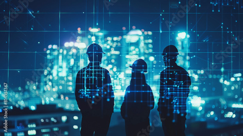 Three silhouetted figures stand before a futuristic cityscape overlaid with a digital grid, suggesting themes of technology, data, and urban development. photo