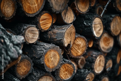 Close-up of a rustic  eco-friendly stacked firewood texture pattern background with natural timber and logs  perfect for heating and fuel preparation in autumn and winter in a rural environment