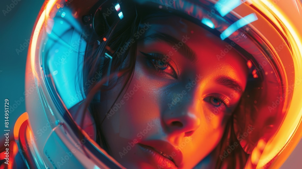 a close-up shot of a young woman wearing a futuristic glass helmet illuminated from within
a close-up shot of a young woman wearing a futuristic glass helmet illuminated from within