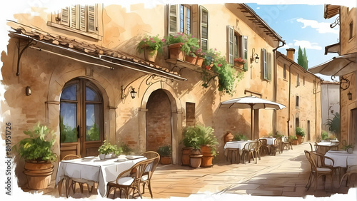 A warm and inviting illustration of a street-side cafe in Italy with tables  chairs  and beautiful Tuscan architecture