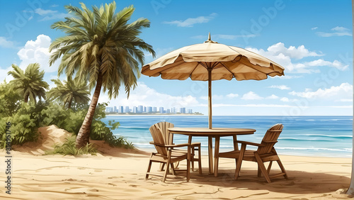 A serene illustration showing a table and chairs under an umbrella at a tropical beach with palm trees and skyline in the distance