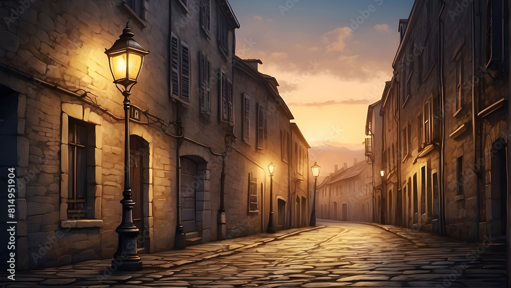 Obraz premium An old-time cobblestone street illuminated by street lamps during twilight with vintage buildings creating an intimate atmosphere