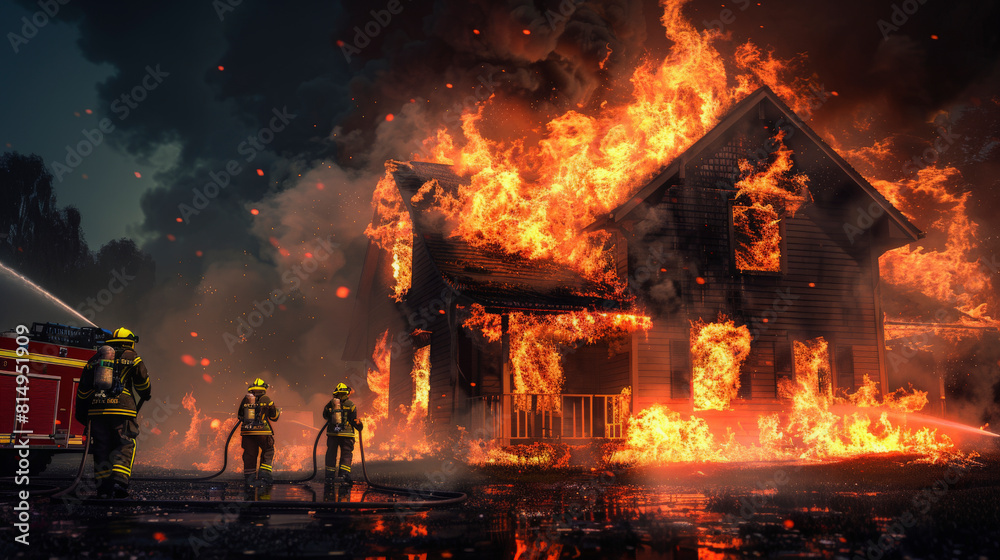 A raging fire engulfs a house at night while firefighters, silhouetted against the blaze, work tirelessly to control the flames with their hoses. A raging fire engulfs a house at night while firefighters, silhouetted against the blaze, work tirelessly to control the flames with their hoses.