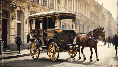 A beautifully rendered image capturing a vintage horse carriage against the backdrop of an old European street scene invoking a feeling of nostalgia photo