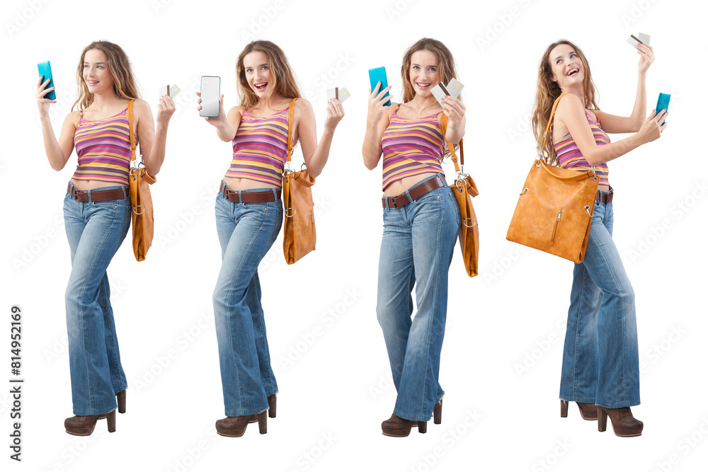 Collage set of smiling young woman showing mobile phone screen and credit card, smartphone for shopping online and payments in web store. Look in to the camera wears vintage bag and fashion clothes Collage set of smiling young woman showing mobile phone screen and credit card, smartphone for shopping online and payments in web store. Look in to the camera wears vintage bag and fashion clothes