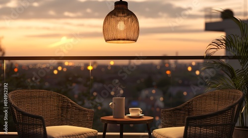 Cozy Balcony Overlooking the City at Dusk with Warm Lighting and Wicker Furniture
