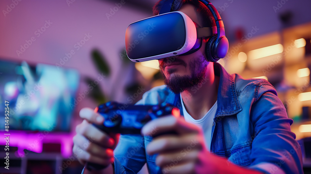 Young man playing video game with controller and vr headset, enjoying online play with futuristic 3d simulation in studio. Gamer with virtual reality glasses holding joystick Young man playing video game with controller and vr headset, enjoying online play with futuristic 3d simulation in studio. Gamer with virtual reality glasses holding joystick