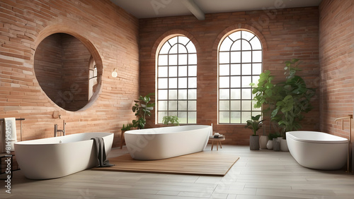 A modern  luxurious bathroom design featuring freestanding bathtubs and exposed brick walls