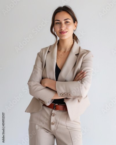 Portrait of young businesswoman in beige suit posing confidently. AI generative. photo