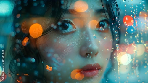 Ethereal Double Exposure of Woman's Face in Neon-Lit Tokyo Streetscape photo