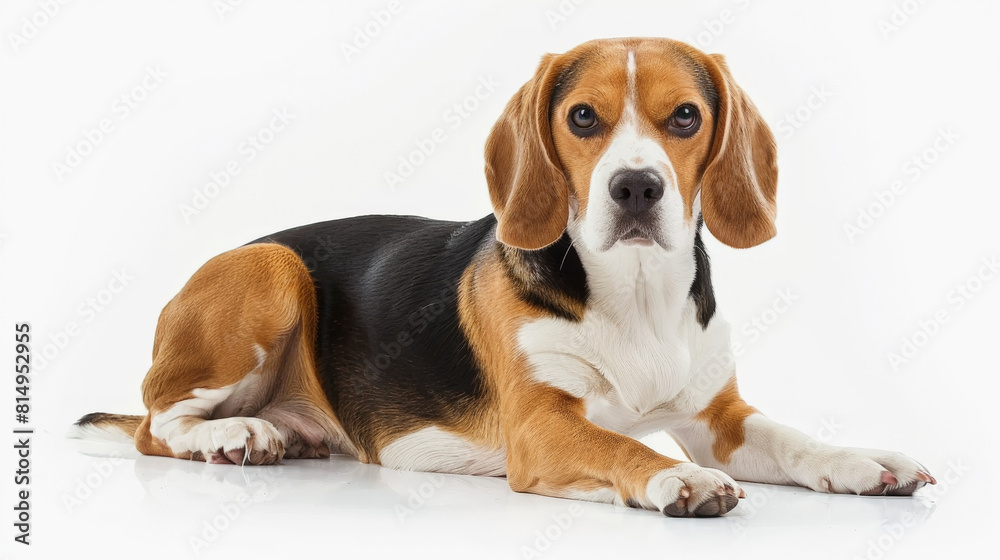 A poised beagle dog with black, brown, and white fur lying down on a clean, white background, looking directly at the camera with attentive eyes. A poised beagle dog with black, brown, and white fur lying down on a clean, white background, looking directly at the camera with attentive eyes.