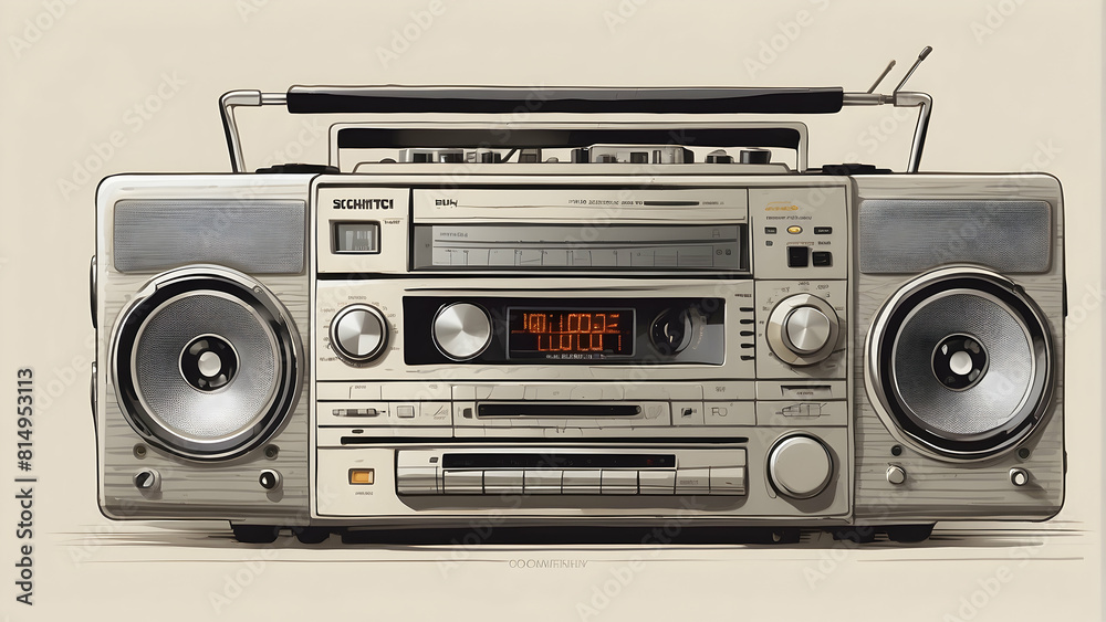 Fototapeta premium A highly detailed drawing of a classic boombox against a beige background, recalling the 70s era