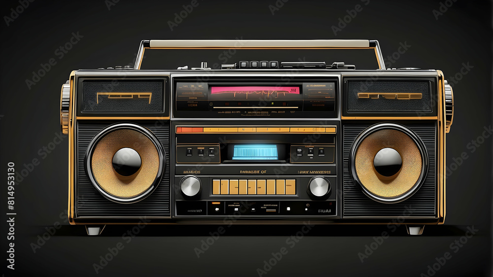 An intricate depiction of a black boombox with luxurious golden accents on a dark backdrop An intricate depiction of a black boombox with luxurious golden accents on a dark backdrop