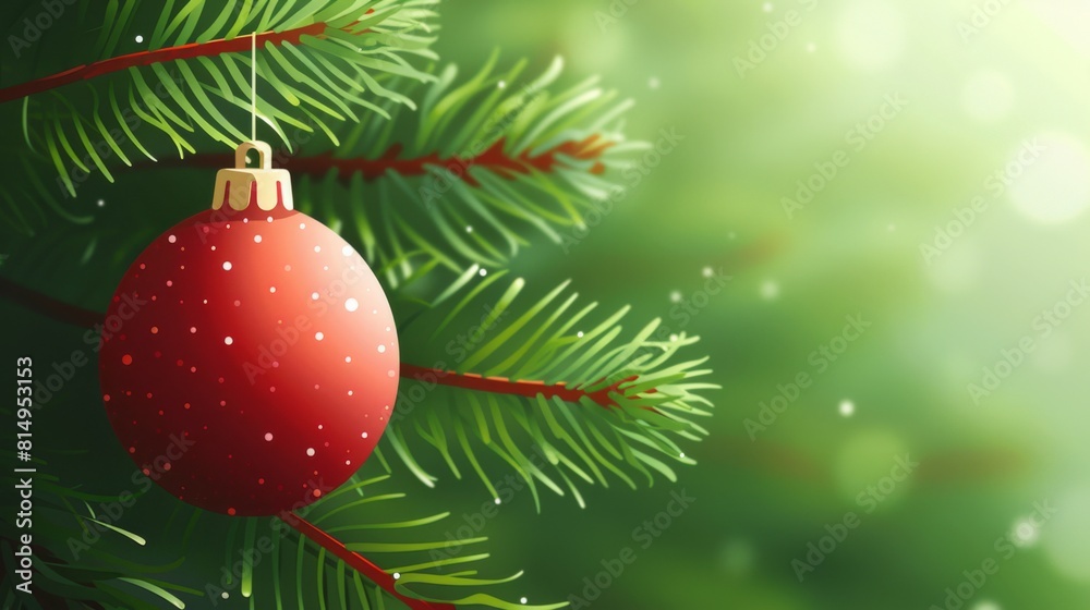 Obraz premium Close-up of a red Christmas ornament hanging from a green pine branch with a blurred green background.