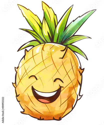 Happy face yellow cartoon illustration of pineapple ananas exotic tropical summer citrus fruit isolated on transparent background. Cute kawaii sticker character icon smile, fresh sweet desert 